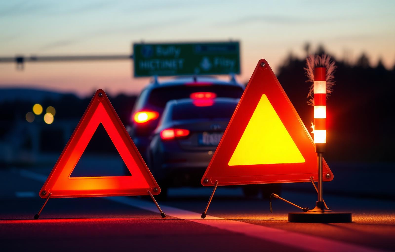 Reflective warning triangle and flares behind a stopped car at dusk — what to do immediately after a car accident