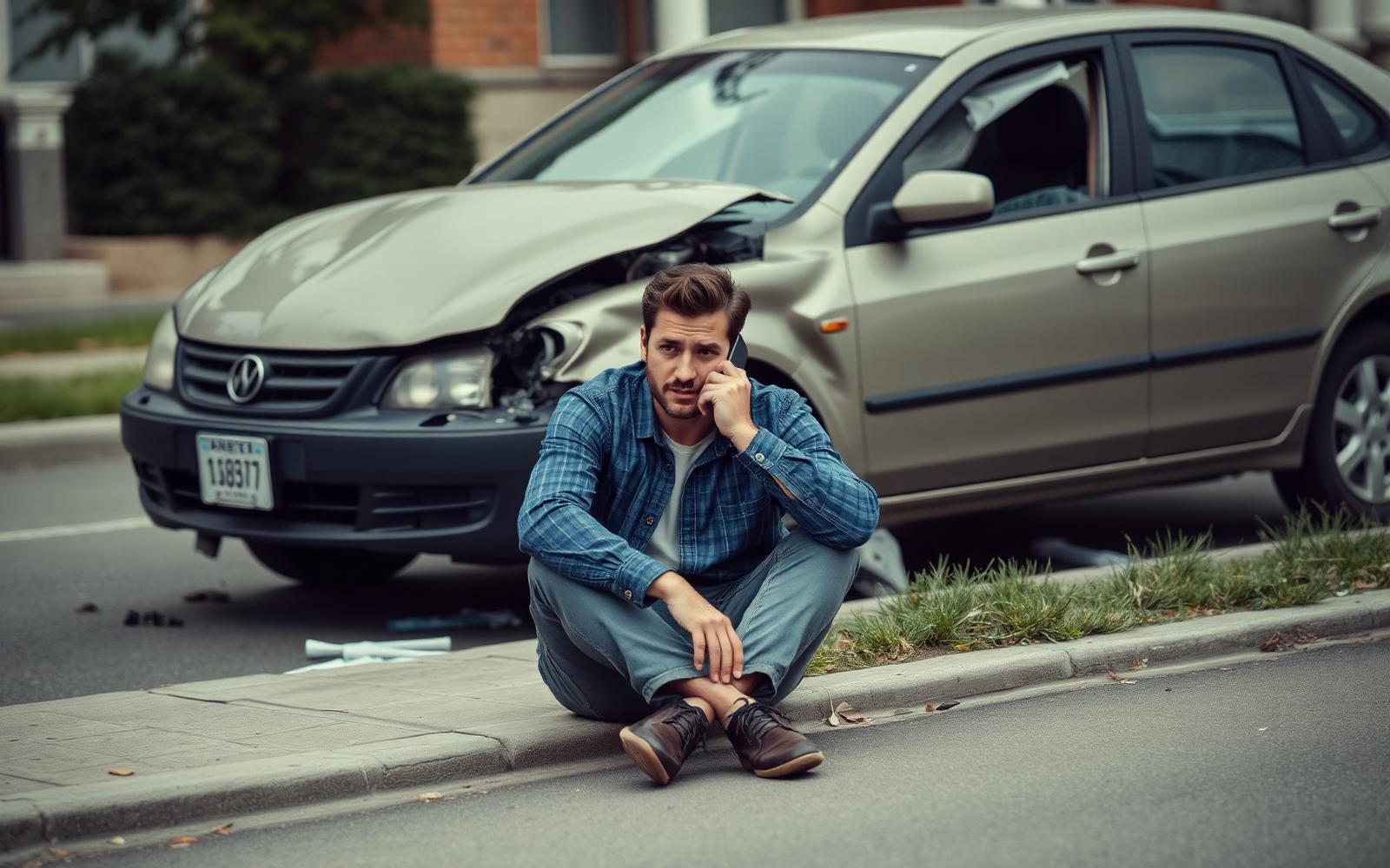 Stressed driver on phone with insurance adjuster sitting beside damaged car after a crash