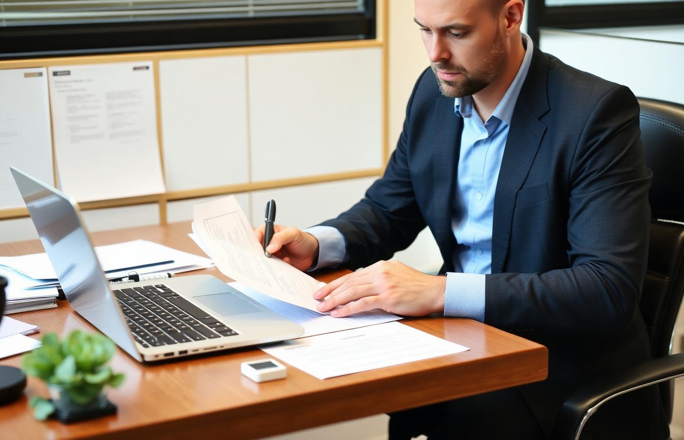 Insurance adjuster at desk reviewing car accident claim documents and laptop