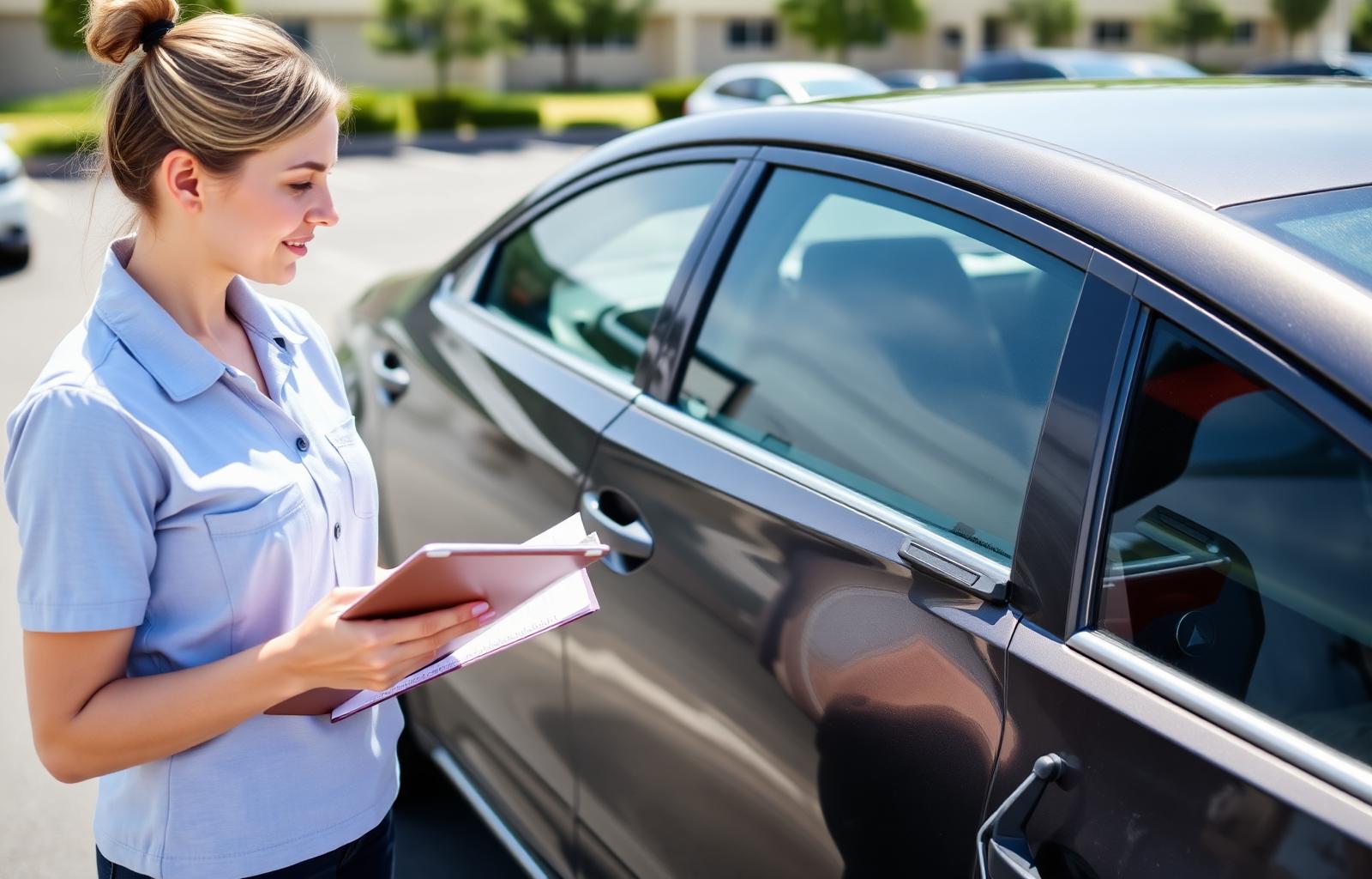 Insurance adjuster with clipboard and tablet inspecting exterior body damage on a parked sedan in a parking lot