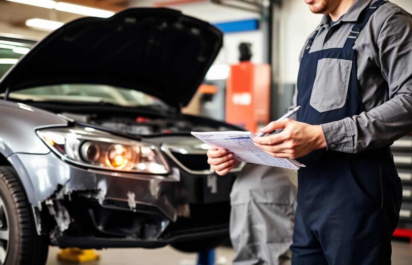 Auto body shop technician writing a repair estimate for a car insurance claim beside a damaged vehicle
