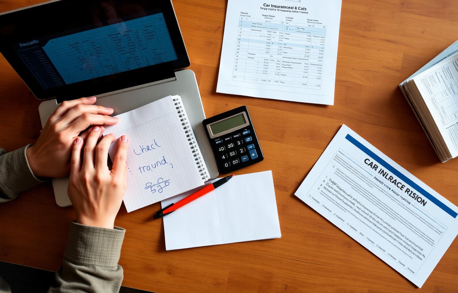 Person calculating car insurance costs at a desk with a laptop spreadsheet, notepad, and calculator to compare full coverage vs liability premiums