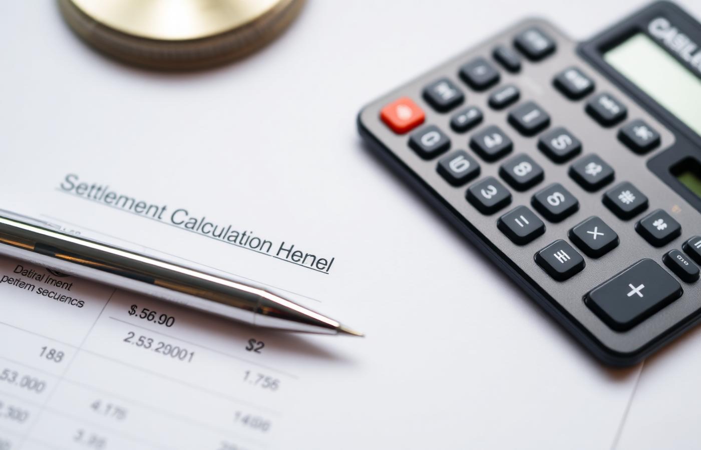 Calculator next to legal documents showing settlement calculation worksheet with numbers and pen