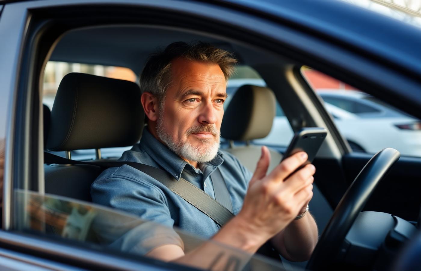 Calm driver speaking carefully on smartphone about car accident insurance claim with adjuster