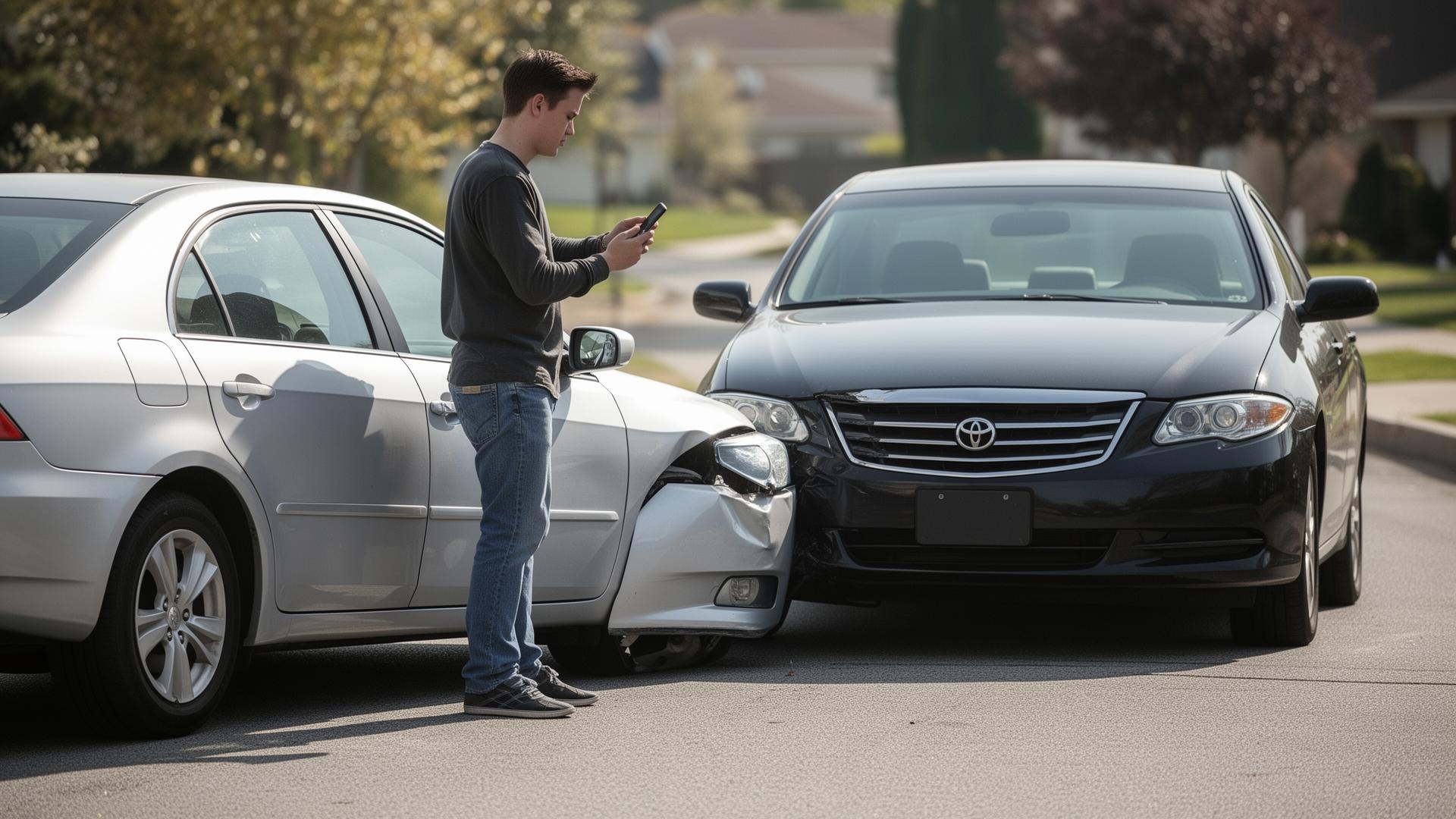 Driver beside minor car accident damage photographing the scene — what to do after a car accident insurance claim guide