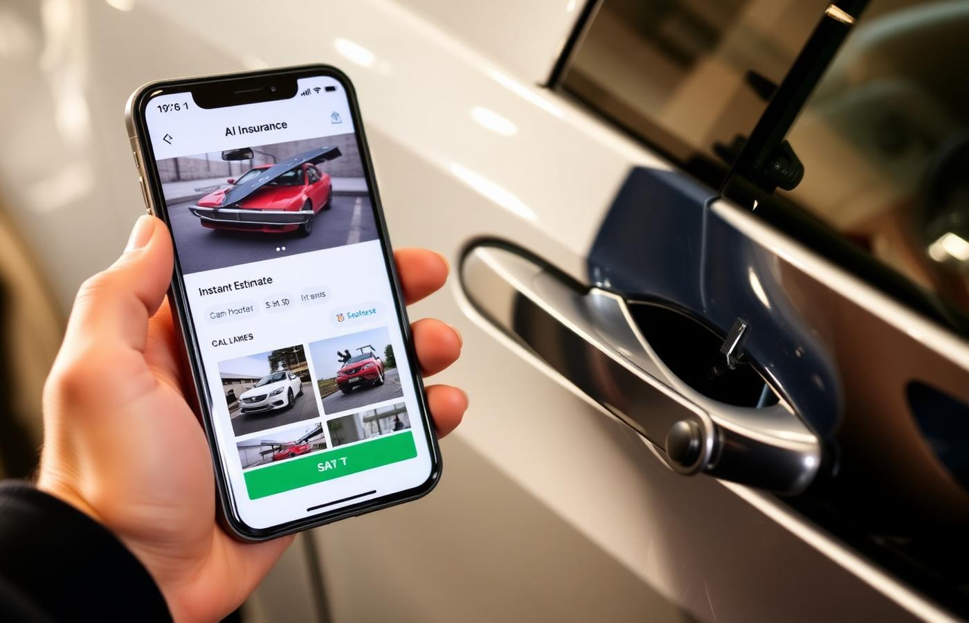 Smartphone running an AI car insurance claim app showing an instant damage estimate