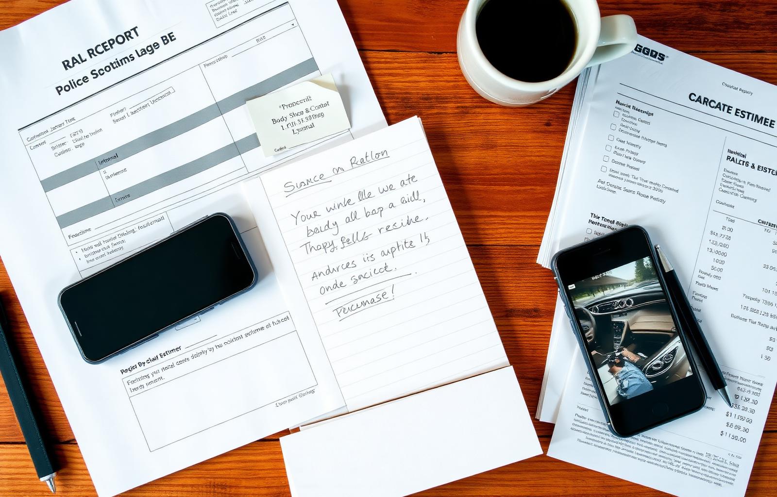 Overhead view of an organized car accident claim folder with police report, insurance card, hand-written claim journal, body shop estimate, medical receipts, and smartphone — how to document a car accident insurance claim