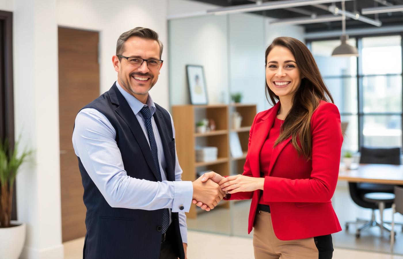 Satisfied car accident client shaking hands with lawyer in office after winning maximum settlement