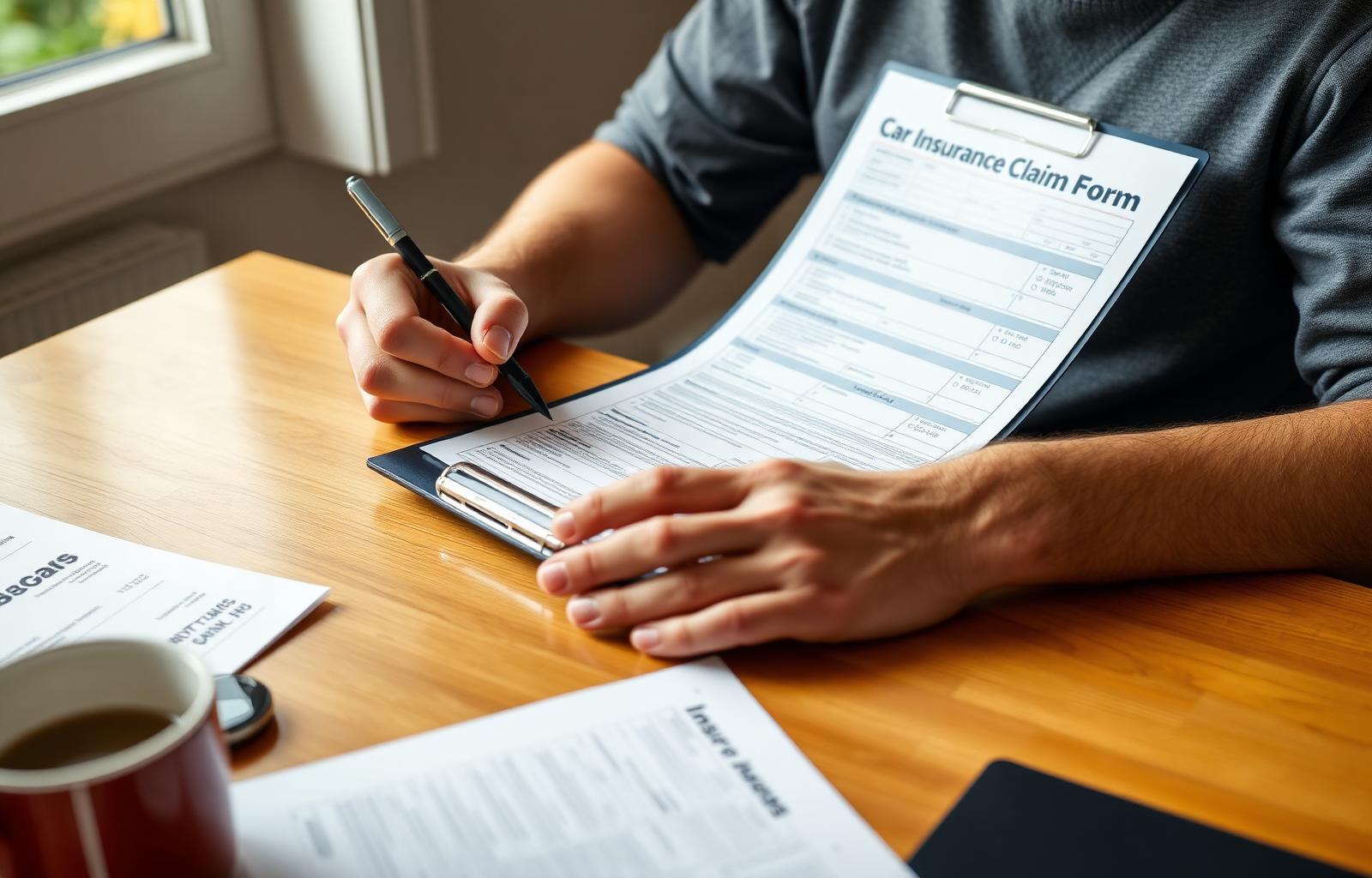 US driver filling out a car insurance claim form on a clipboard right after the accident