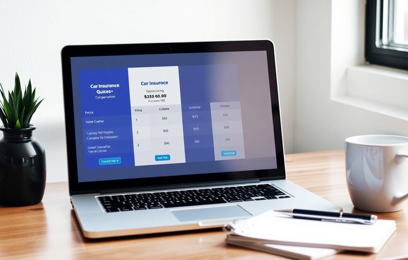 Laptop on a desk showing three side-by-side car insurance quote comparison cards with prices and coverage details