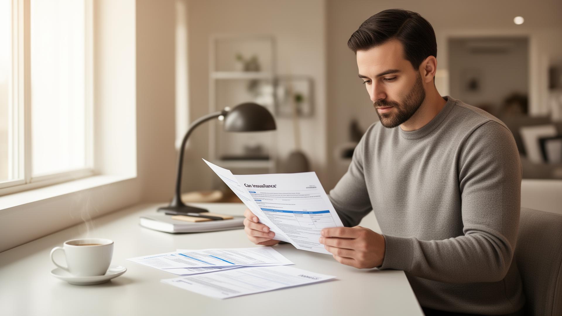 Confident driver reviewing car insurance documents at a home desk with coffee and bright natural lighting