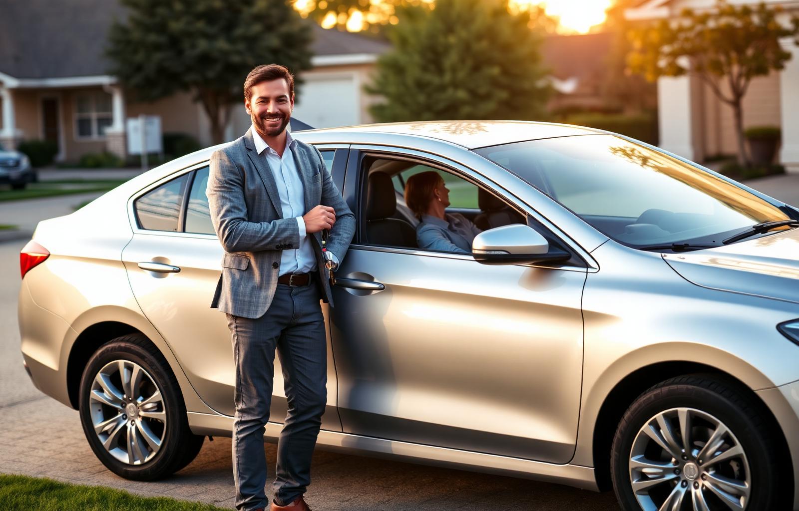Confident driver standing next to a well-maintained silver sedan in a suburban driveway at golden hour after choosing the right car insurance coverage