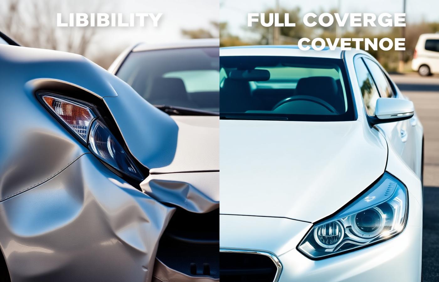 Side-by-side comparison of a damaged car versus a pristine car showing liability vs full coverage