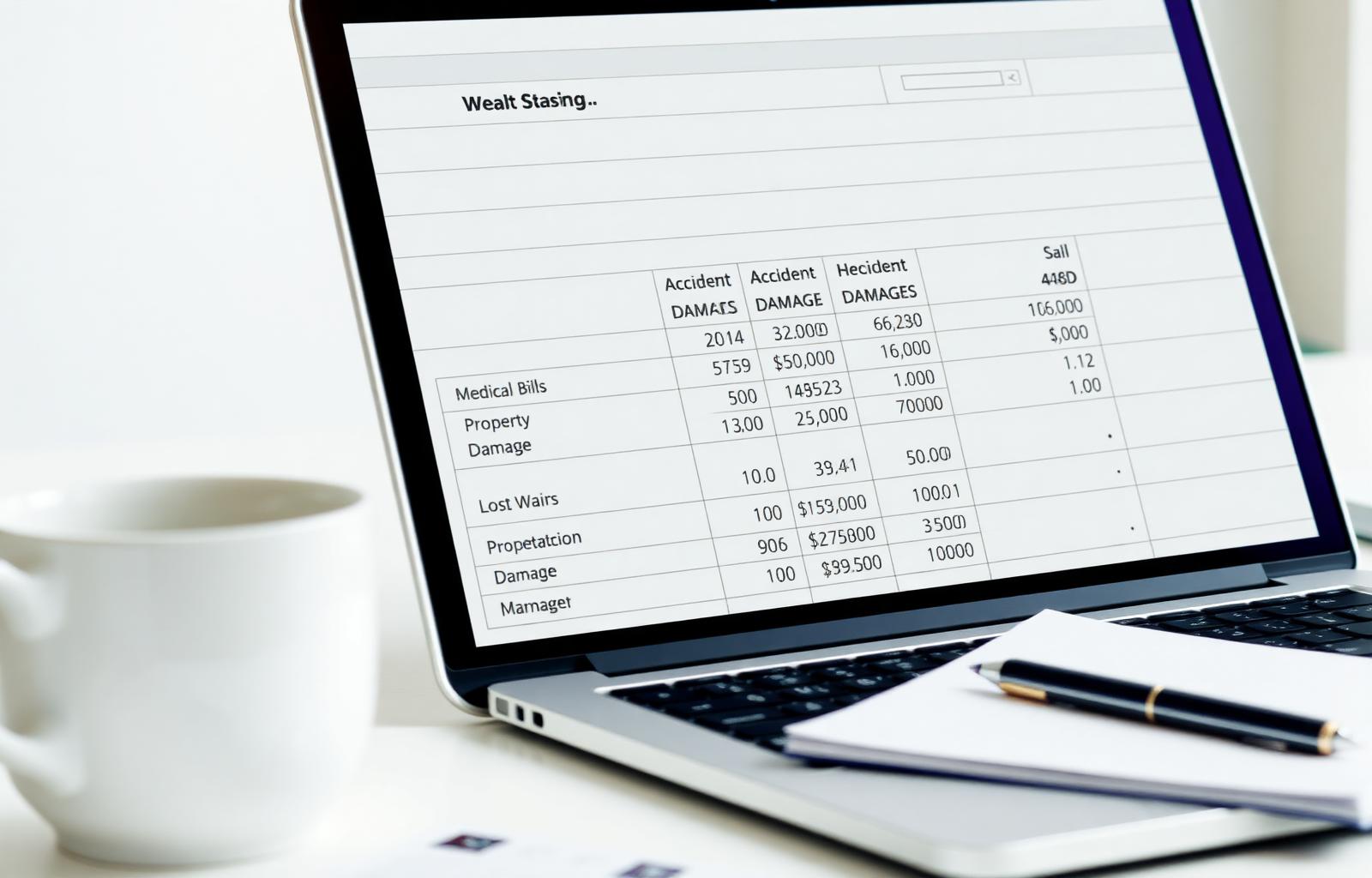 Organized spreadsheet on a laptop screen showing itemized car accident damages including medical bills, lost wages, property damage and pain and suffering totals — calculating the full value of a car accident insurance claim