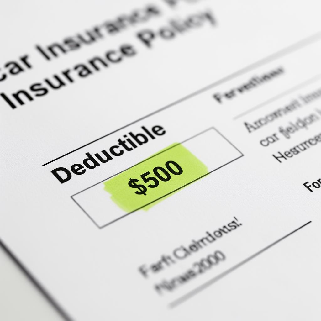 Close-up of car insurance policy document showing the deductible amount line item