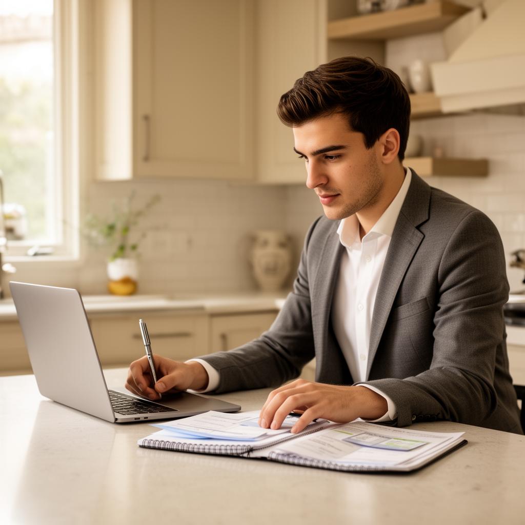 Young professional calculating finances with laptop and notepad to determine the right car insurance deductible