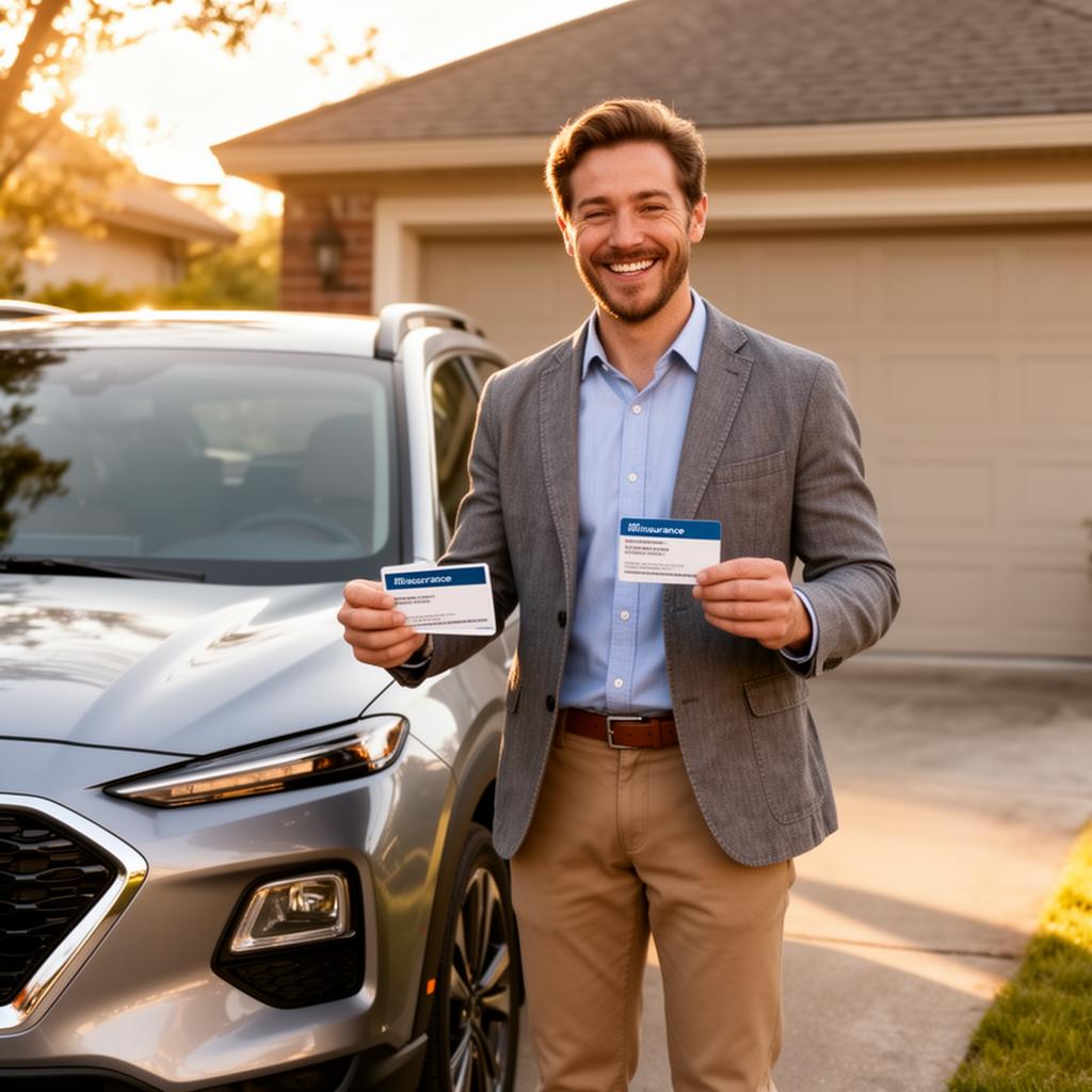 Satisfied driver holding insurance card next to their car after choosing the right deductible amount