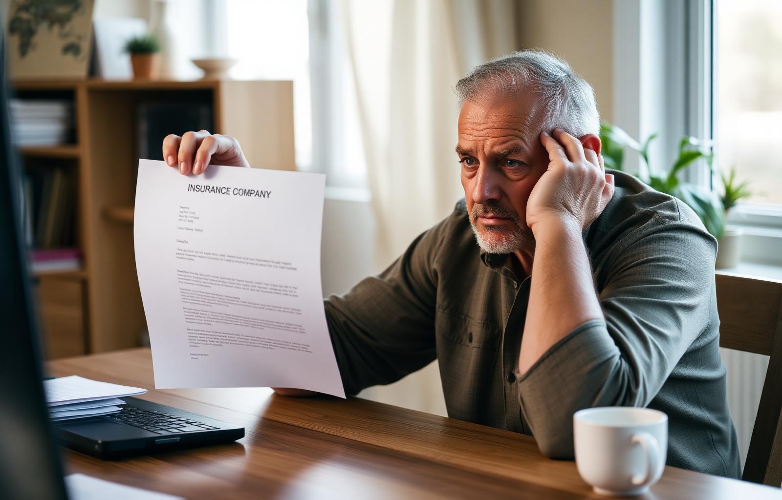 Frustrated person at desk holding a denied car insurance claim letter with hand on head