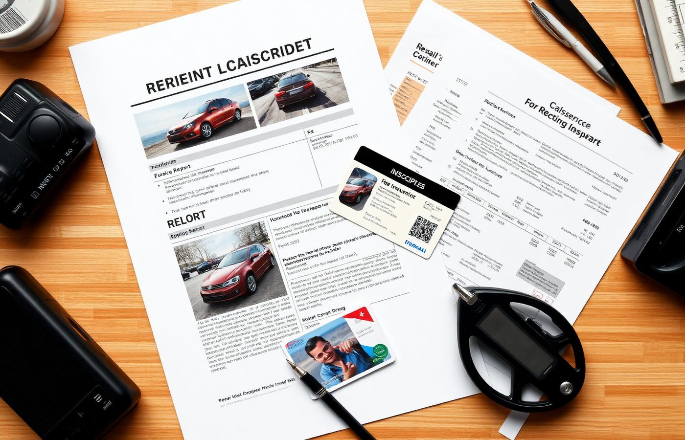Organized car accident documents including police report, insurance card and photos prepared to file a car insurance claim