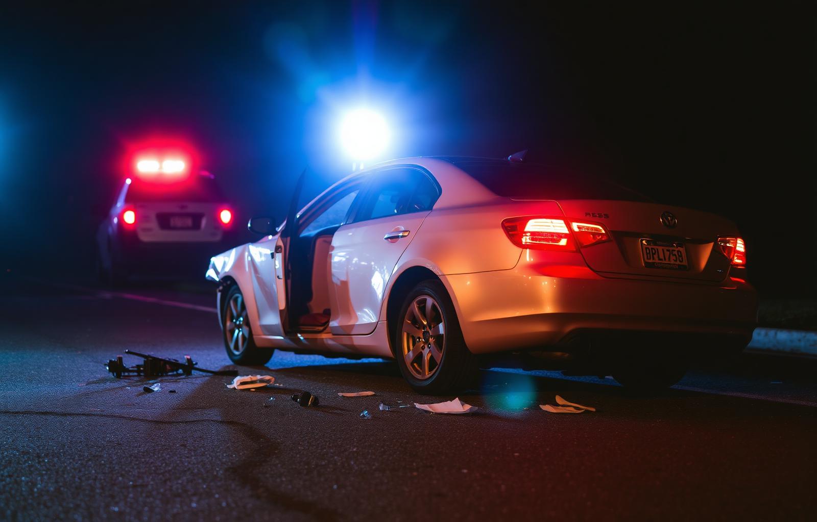 Damaged car at night with flashing police lights at a drunk driver accident scene — real insurance claim story