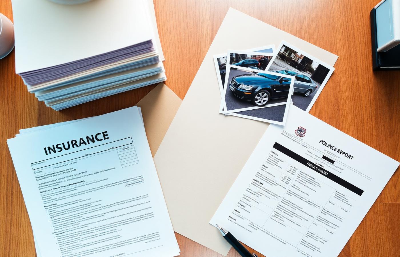Organized car accident evidence file with insurance forms, police report, and damage photos on a wooden desk