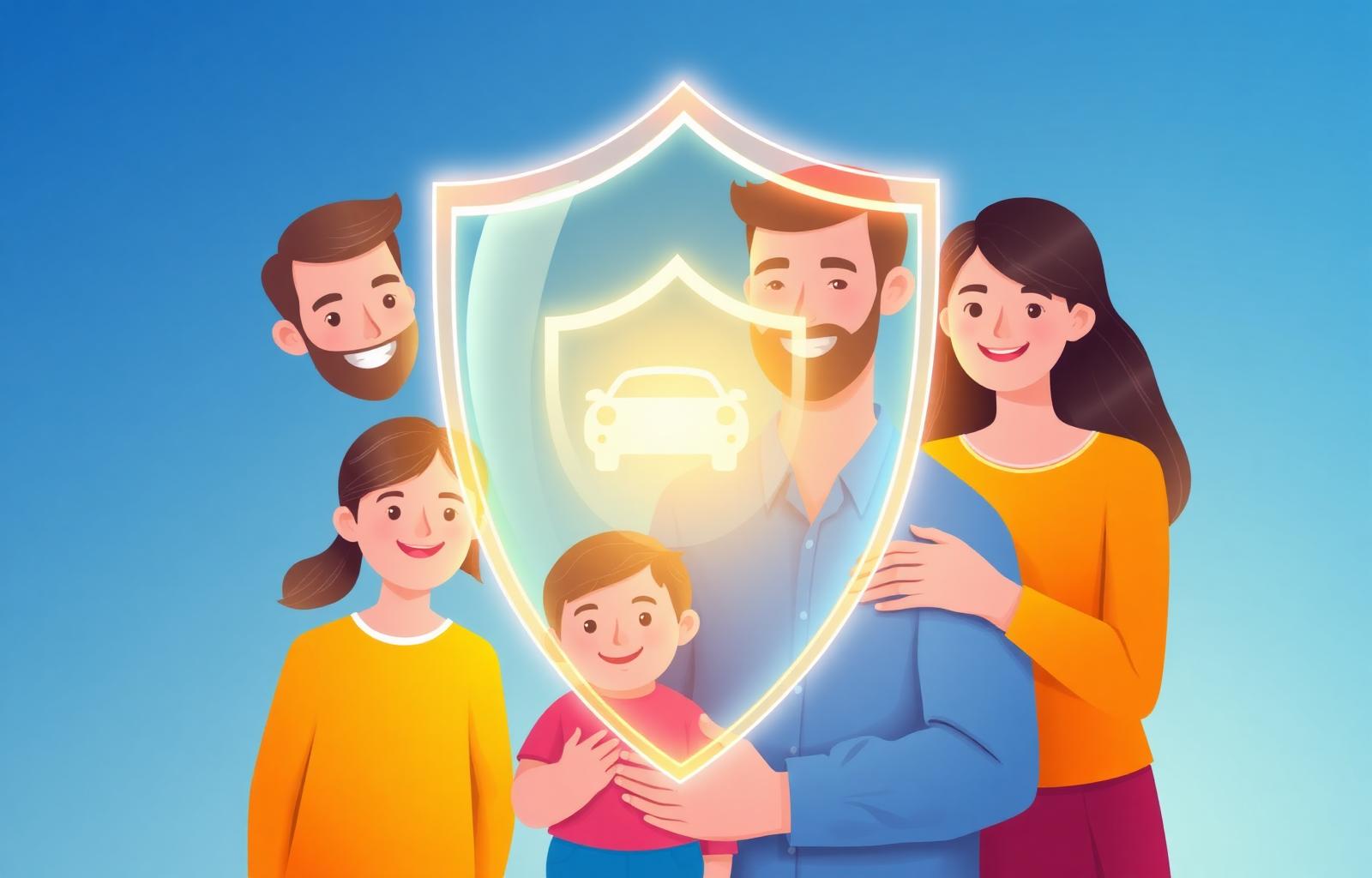 Family of four protected under an insurance shield illustrating uninsured motorist coverage protection