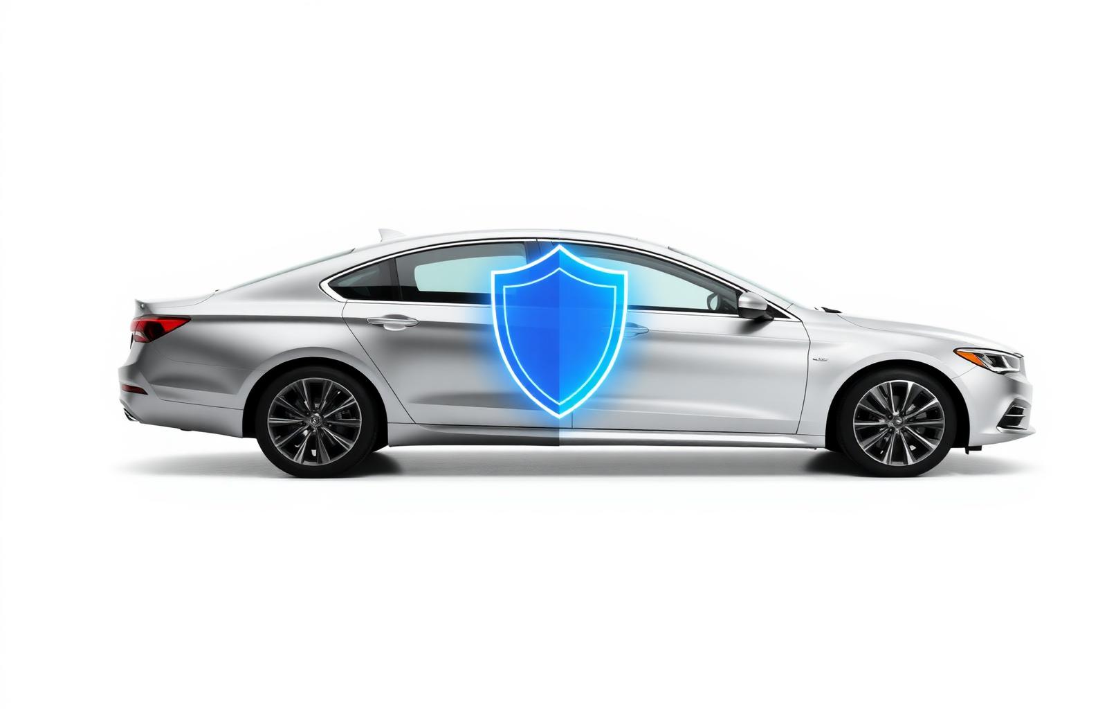 Split image comparing full coverage vs liability insurance — silver sedan with glowing blue protective shield on one side and unprotected outline on the other