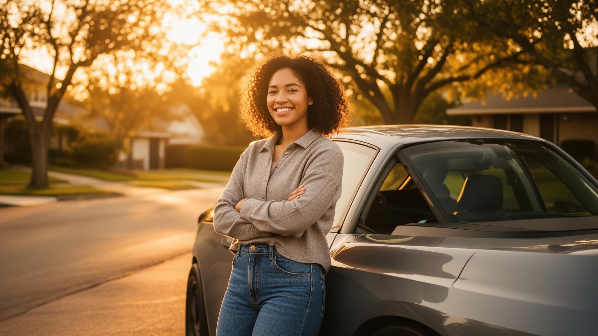 Happy confident driver standing next to a well-maintained modern vehicle outdoors in golden hour sunlight, feeling secure with proper insurance coverage