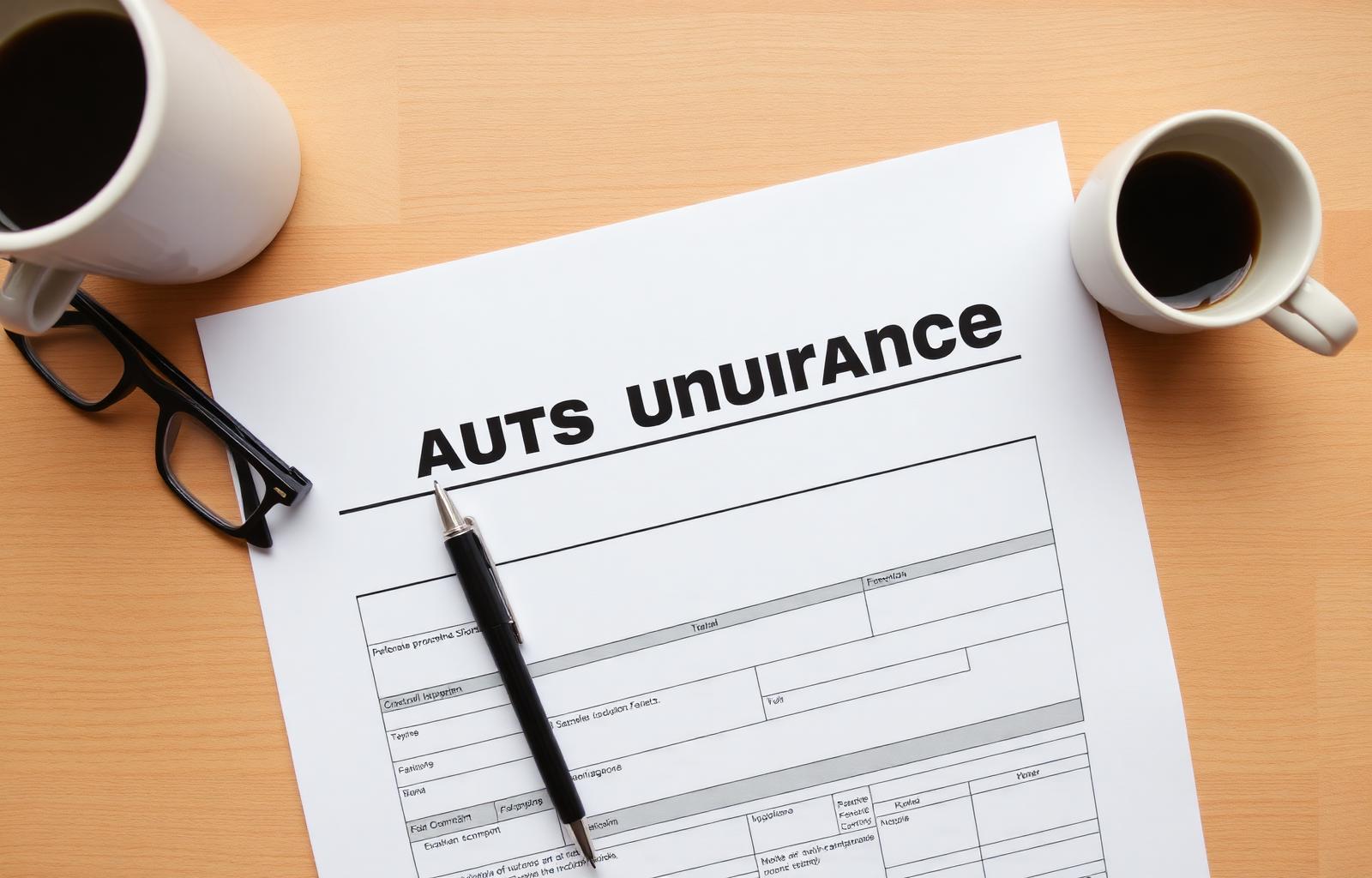 Auto insurance claim form on a desk with pen and glasses ready for filing a hit and run insurance claim