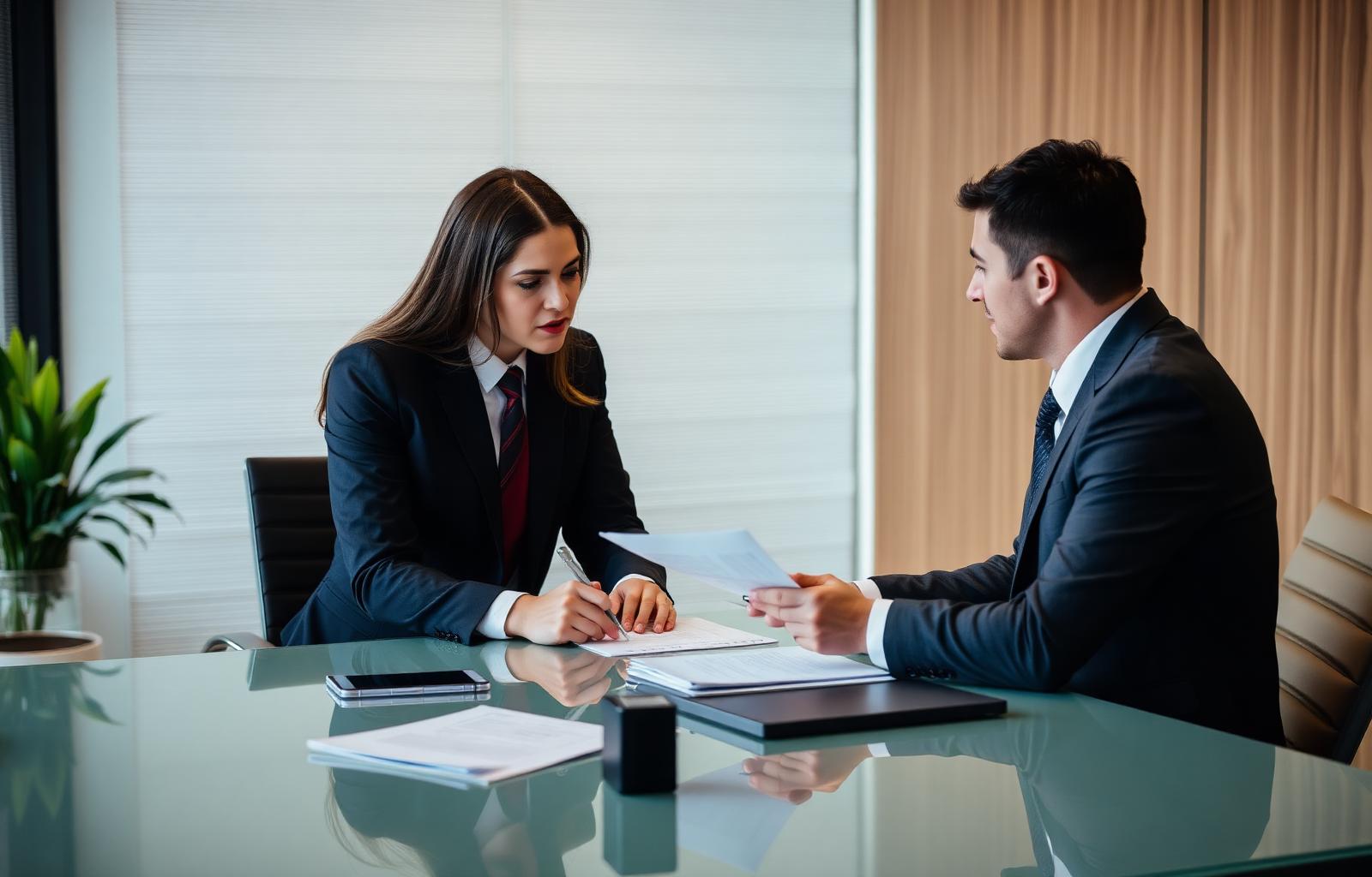 Client consulting with car accident lawyer about hit and run insurance claim at modern law office desk