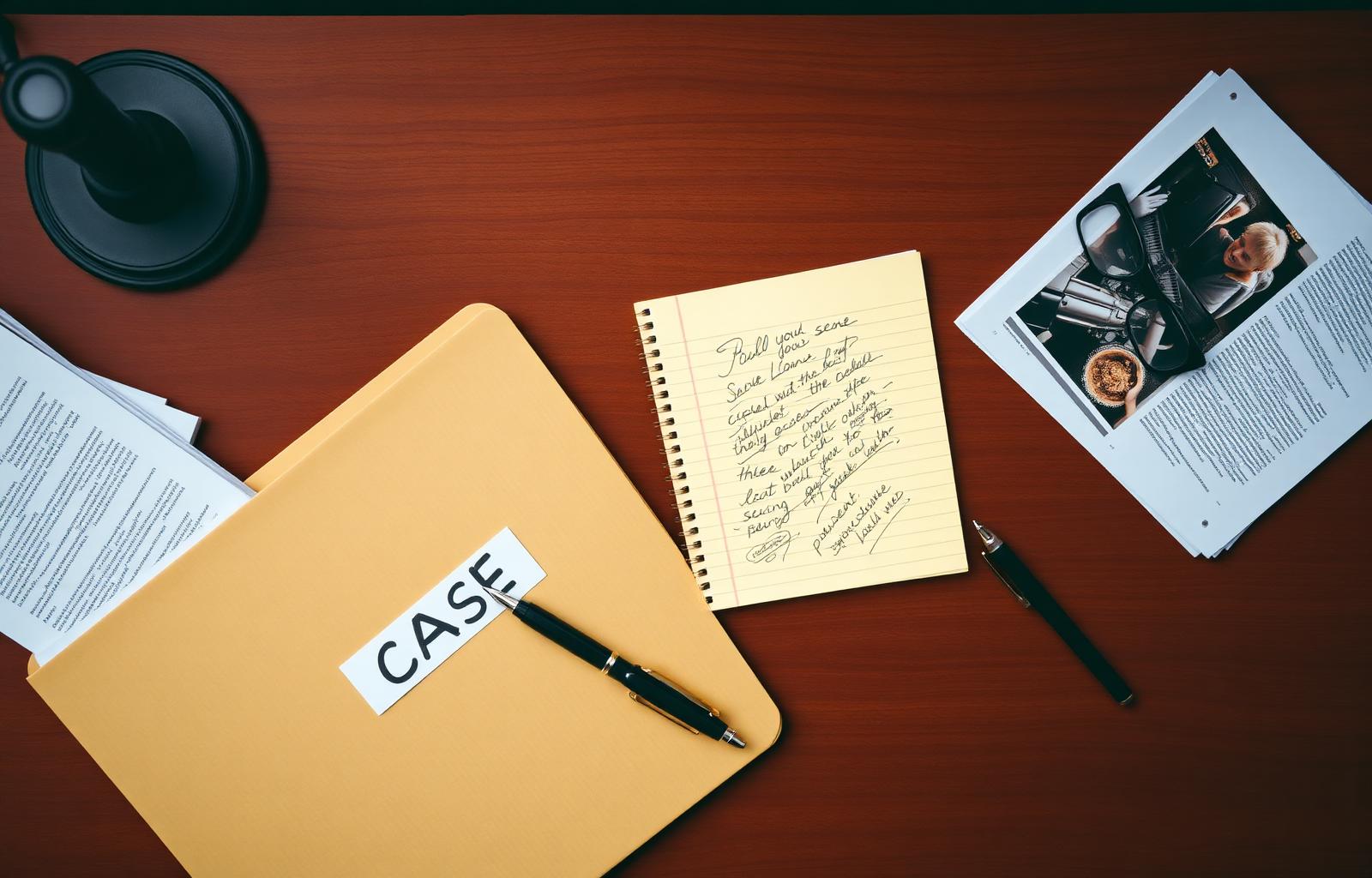 Attorney organizing a personal injury case file with medical records and accident photos on a wooden desk