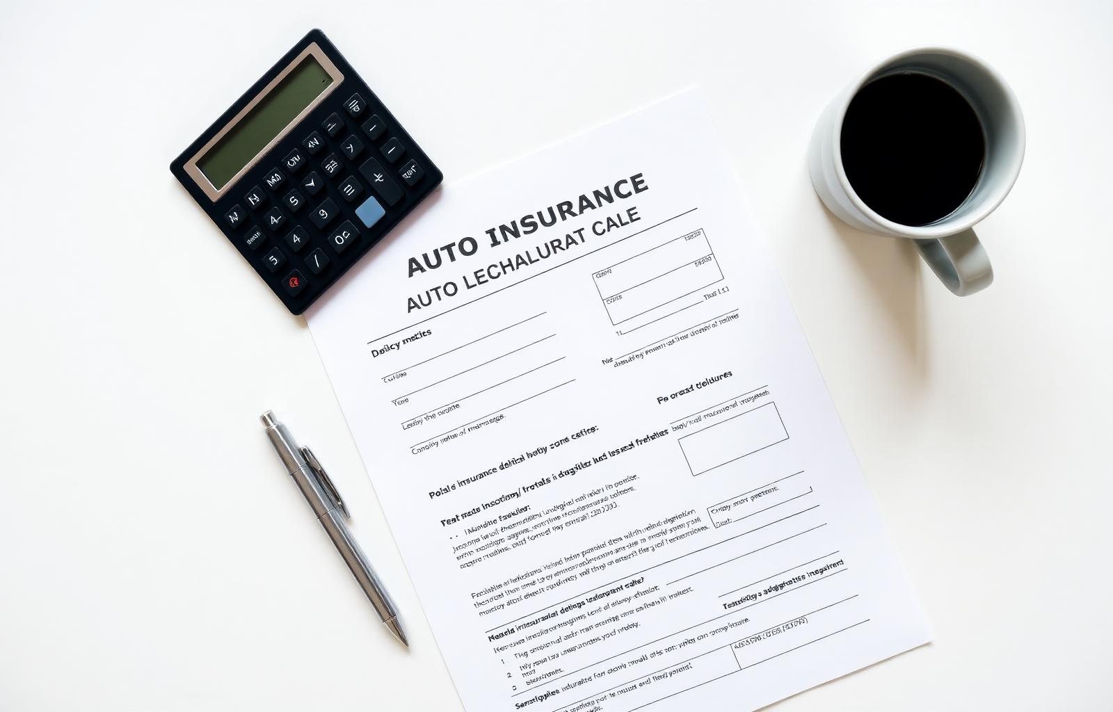 Auto insurance declarations page on a desk with a calculator and pen, showing policy limits and coverage line items