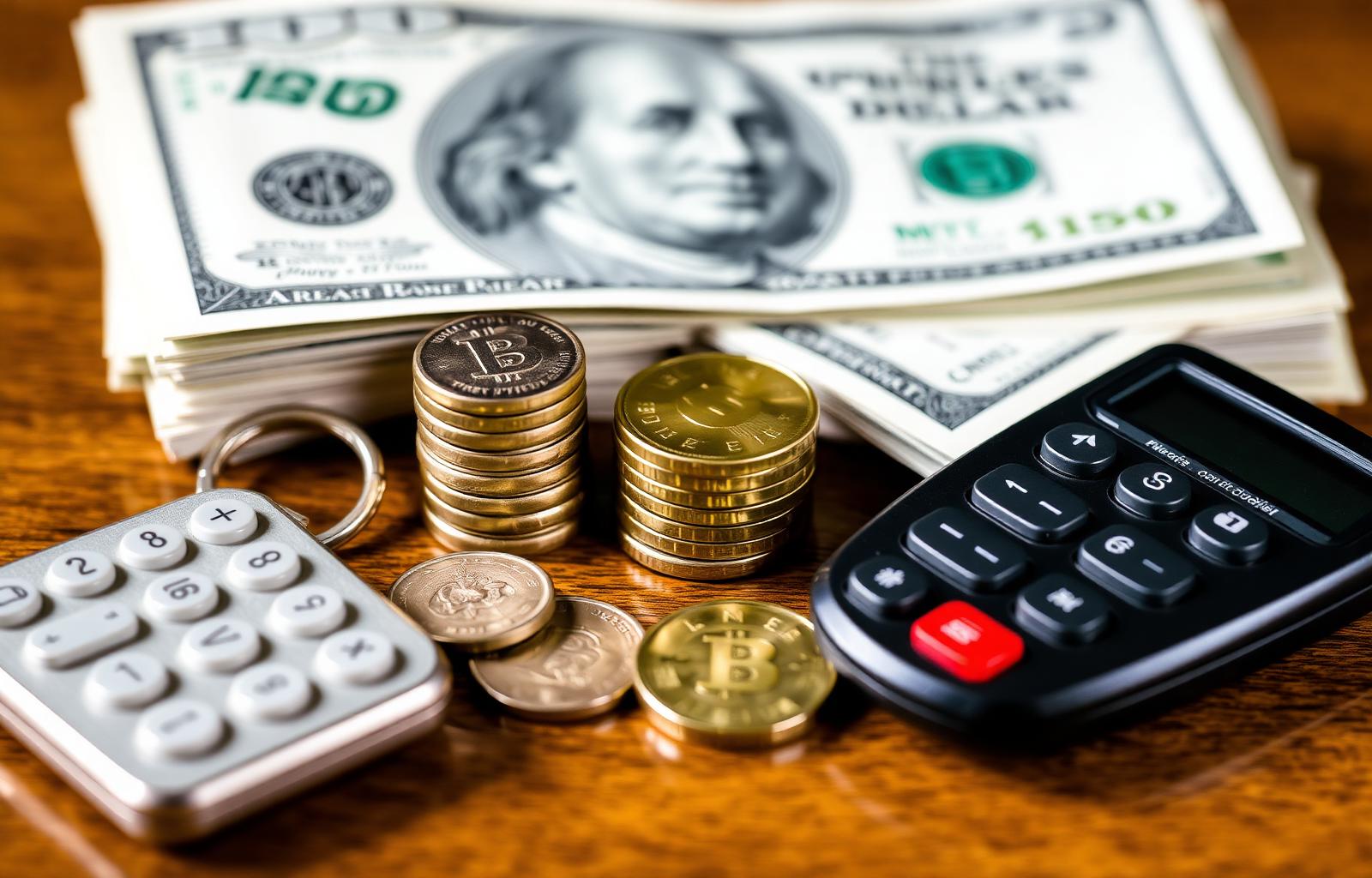 Stack of US dollar bills, coins, calculator and a car key showing overlooked auto insurance discounts savings