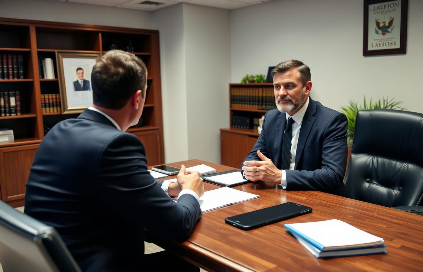 Car accident lawyer advising client at desk on what to say to insurance adjuster after a crash