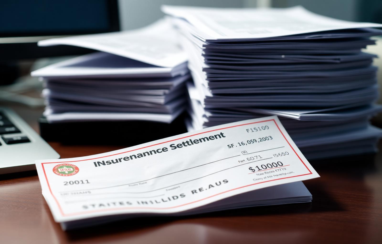 Close-up of a small lowball insurance settlement check on a desk dwarfed by a tall stack of medical bills and hospital invoices — why lowball insurance settlement offers rarely cover the actual cost of a car accident