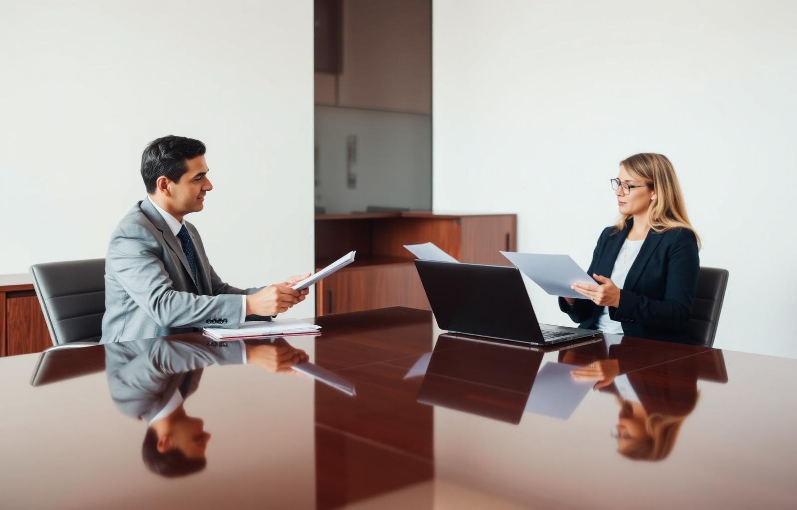 Insurance adjuster and car accident victim negotiating a settlement across a polished office desk with laptop and claim documents — how to negotiate insurance settlement guide