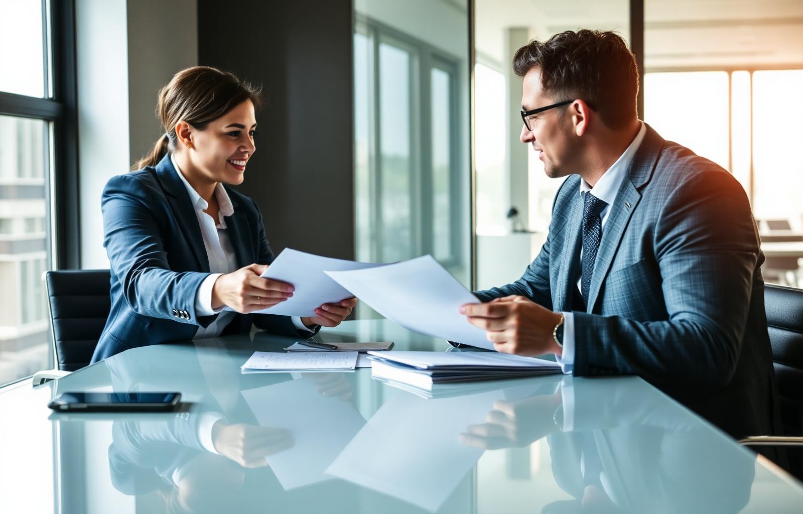 Two professionals negotiating across a polished office desk, one presenting itemized claim documents while the other reviews paperwork in a modern professional office setting — counter tactics for negotiating against an insurance adjuster after a lowball settlement offer