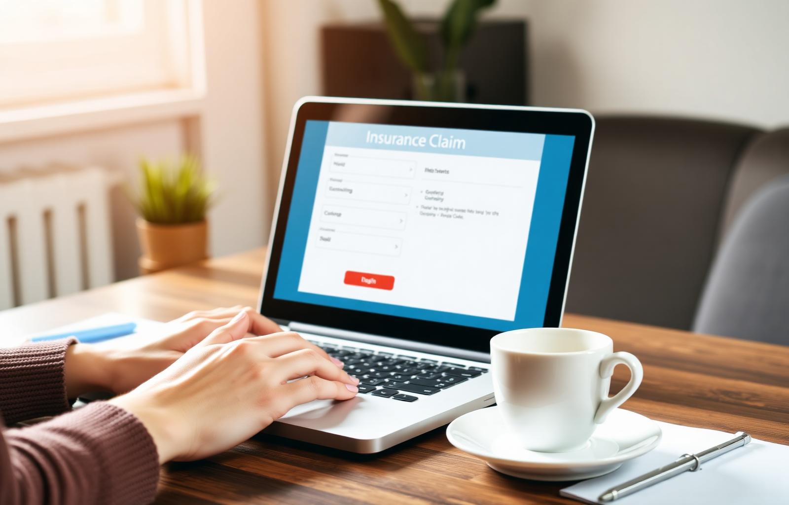 Hands typing on laptop showing an online insurance company claim portal — how to file a car insurance claim