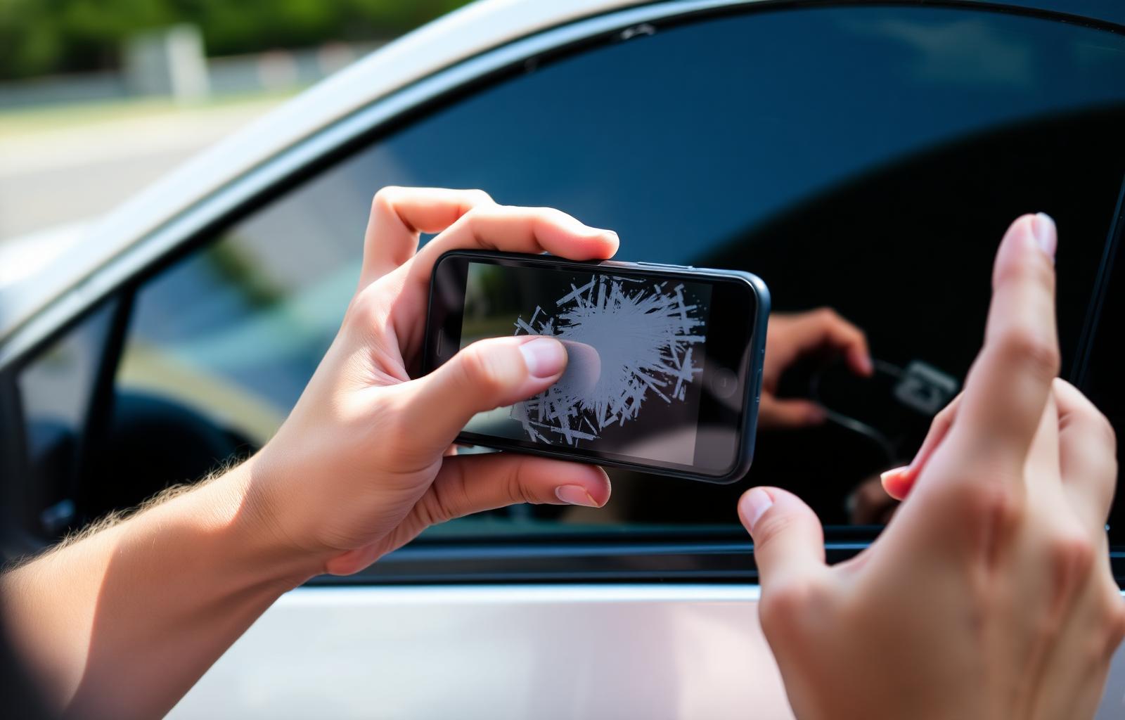 Driver photographing dented car door damage with phone after a hit and run accident insurance claim