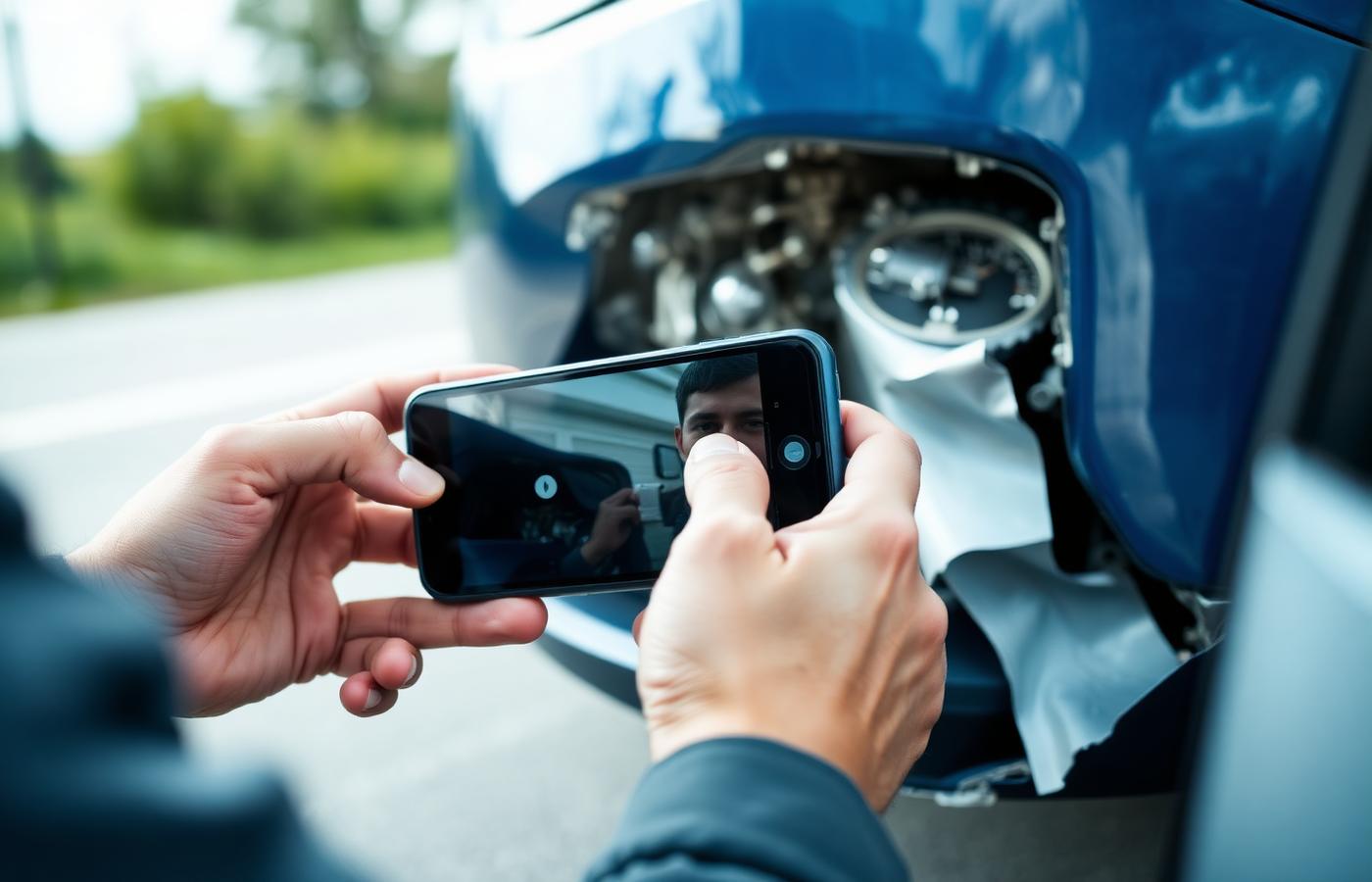 Hand photographing damaged front bumper with smartphone to document a car accident insurance claim
