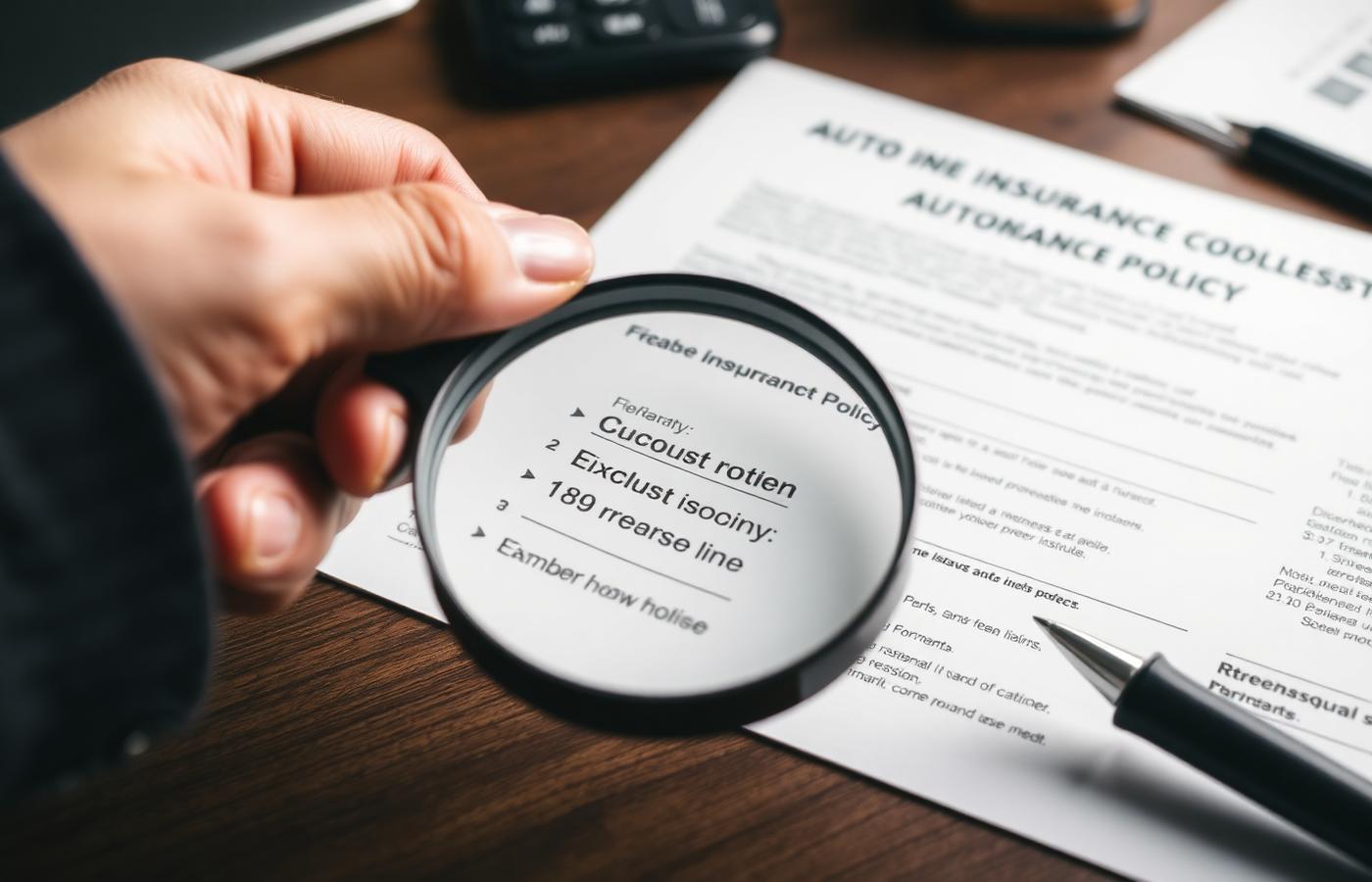 Magnifying glass over an auto insurance policy revealing overlooked auto insurance discounts