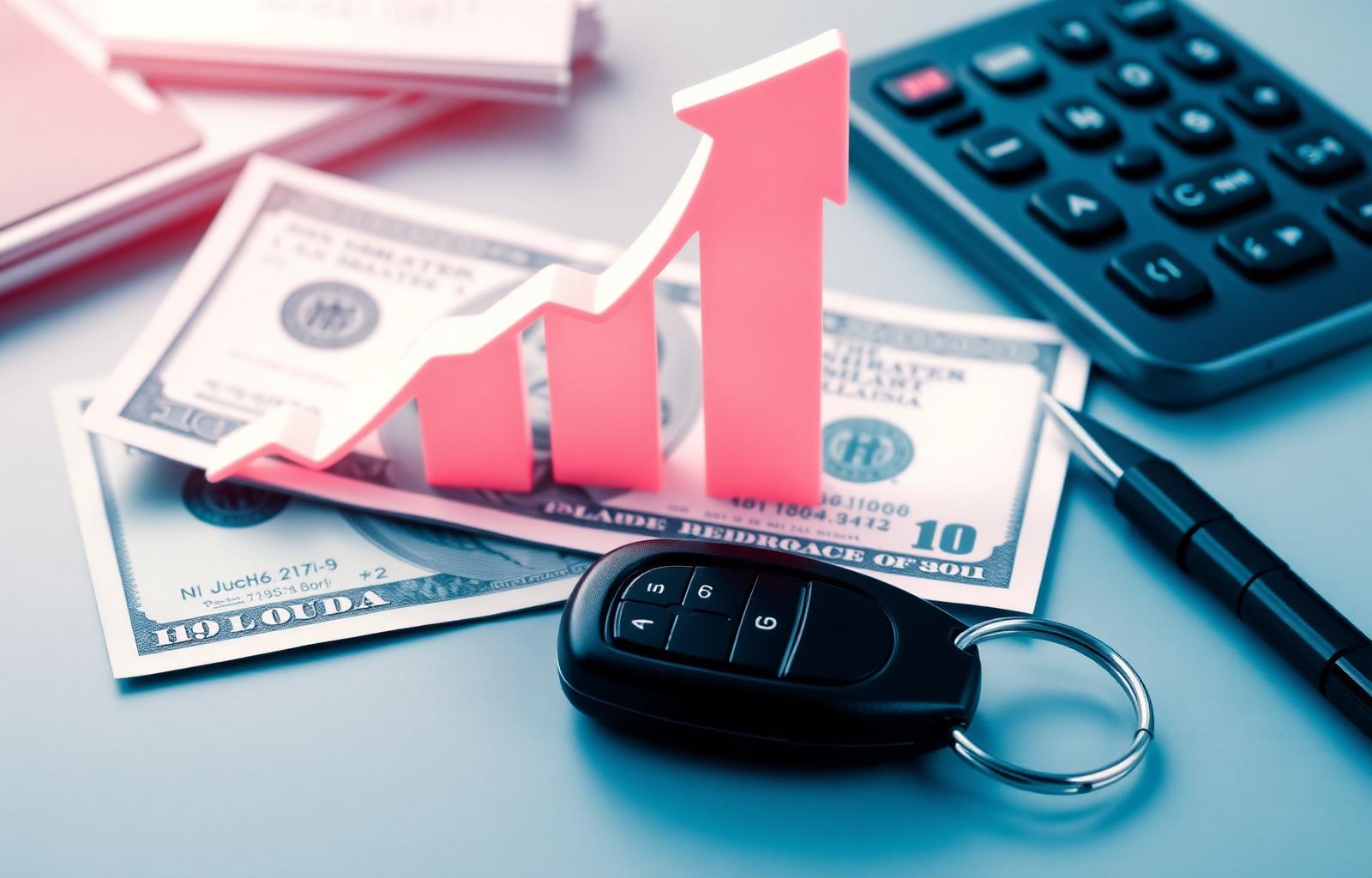 Rising arrow chart over US dollars and a car key — why auto insurance rates are up in 2026