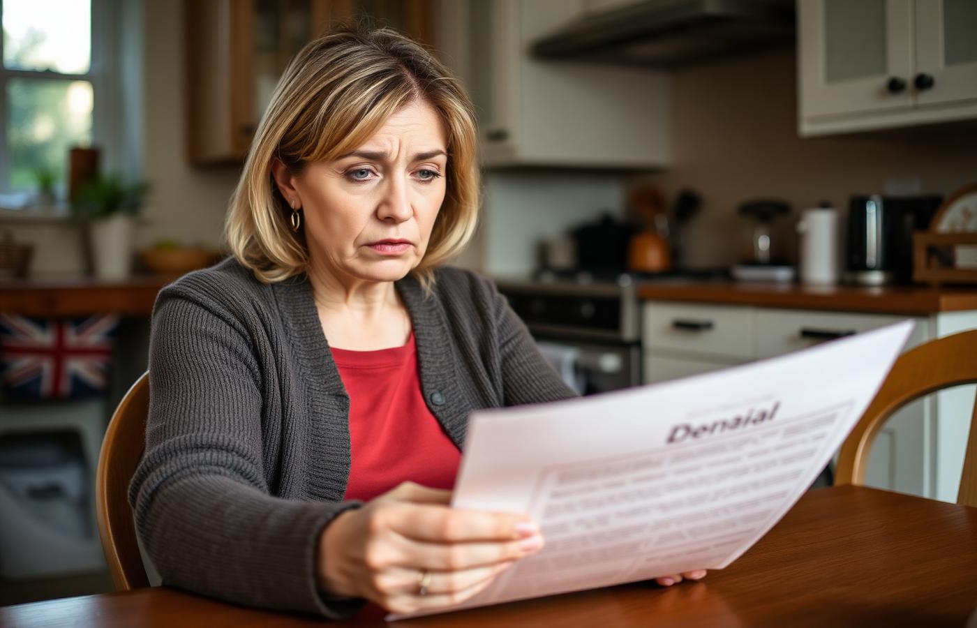 Concerned woman in cardigan reading a car insurance claim denial letter at her kitchen table