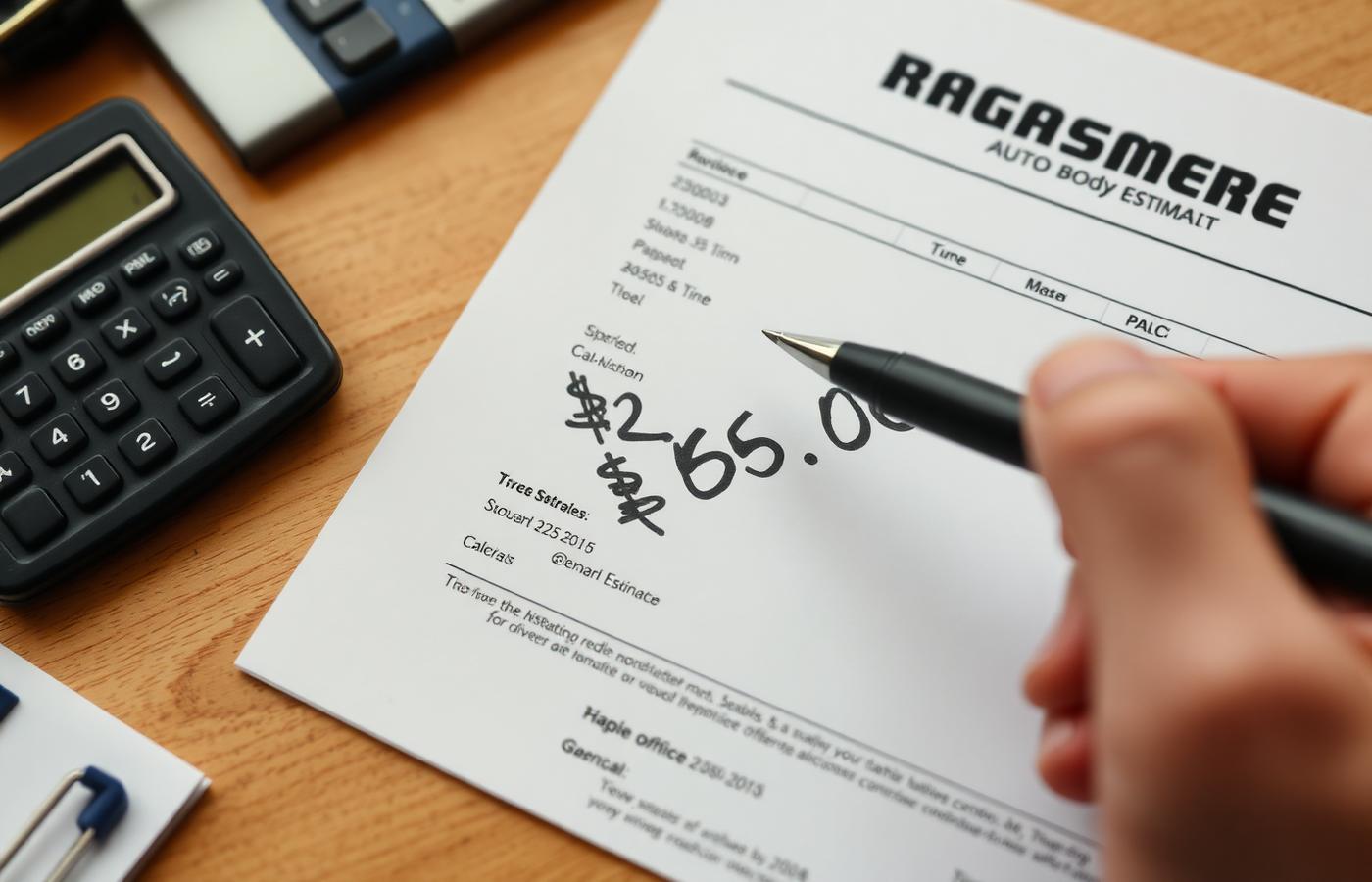Itemized $25,000 auto body repair and medical estimate with calculator showing the true cost of a low-speed fender bender insurance claim