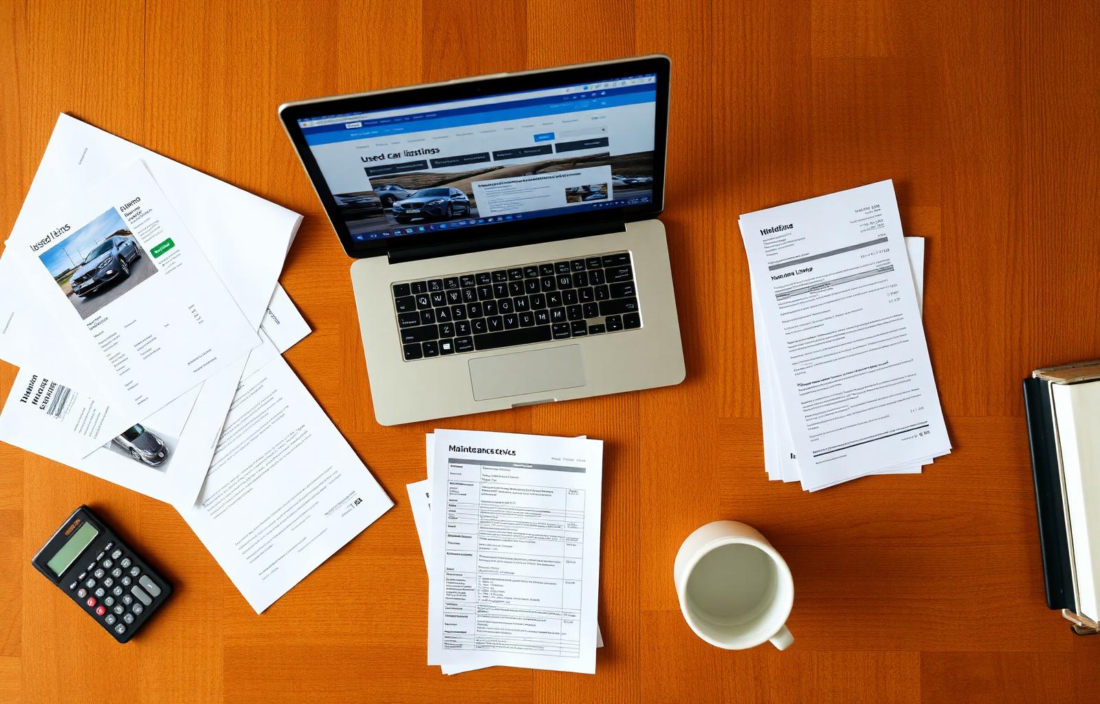 Top-down flat lay of a desk with laptop showing used car listings, printed comparable vehicle listings, maintenance receipts and a calculator for total loss valuation research