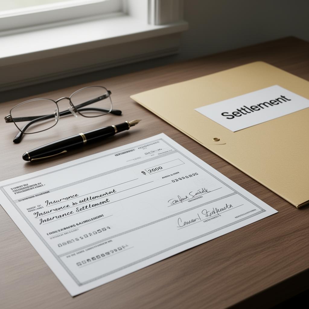 Insurance settlement check on a desk with pen, glasses and settlement folder after filing a car insurance claim