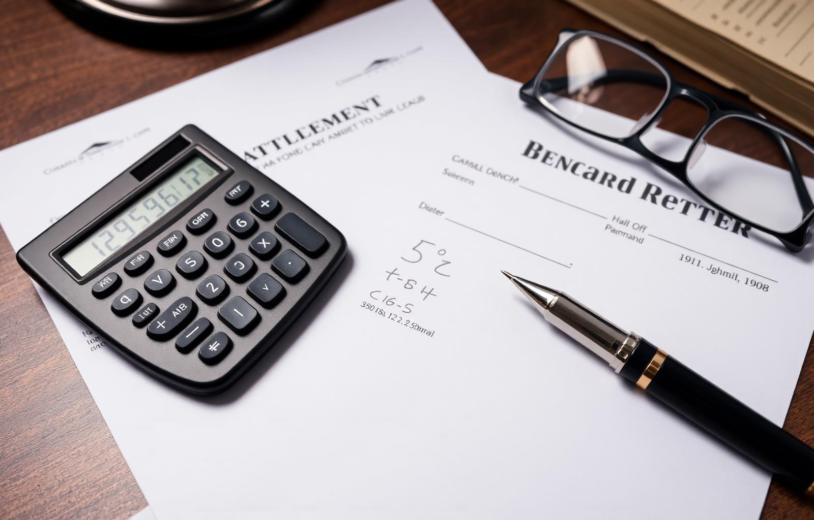 Calculator, settlement check and demand letter on an attorney's desk illustrating car accident settlement math