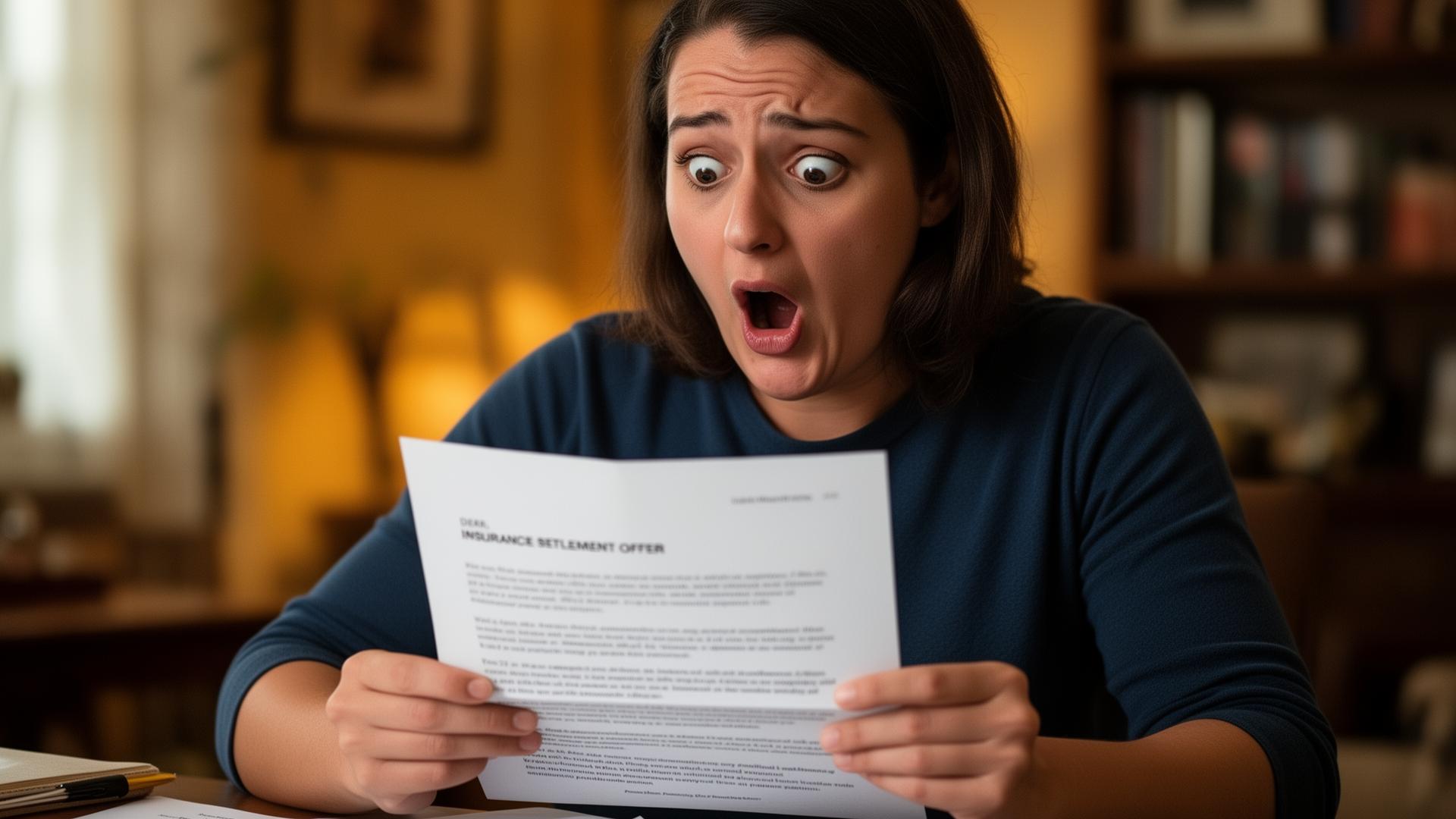 Person looking shocked while reading an insurance settlement offer letter at their desk, natural indoor lighting