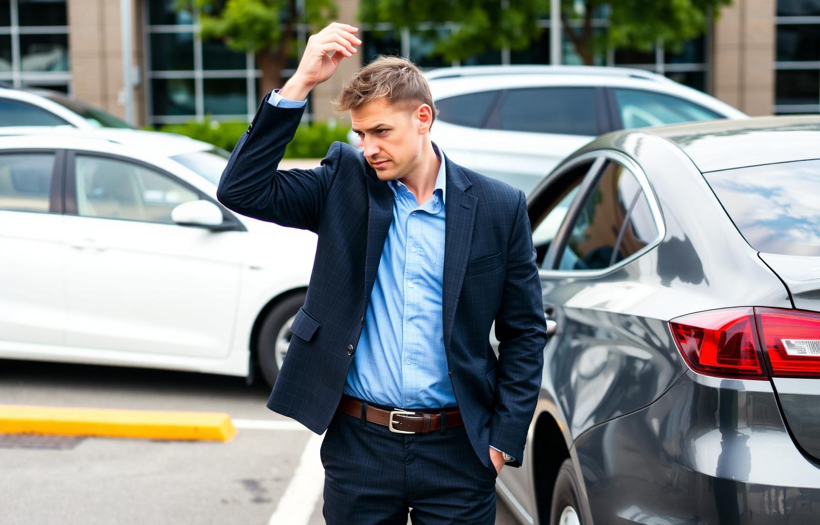 Shocked car owner in business clothes discovering his heavily damaged parked sedan in an office parking lot