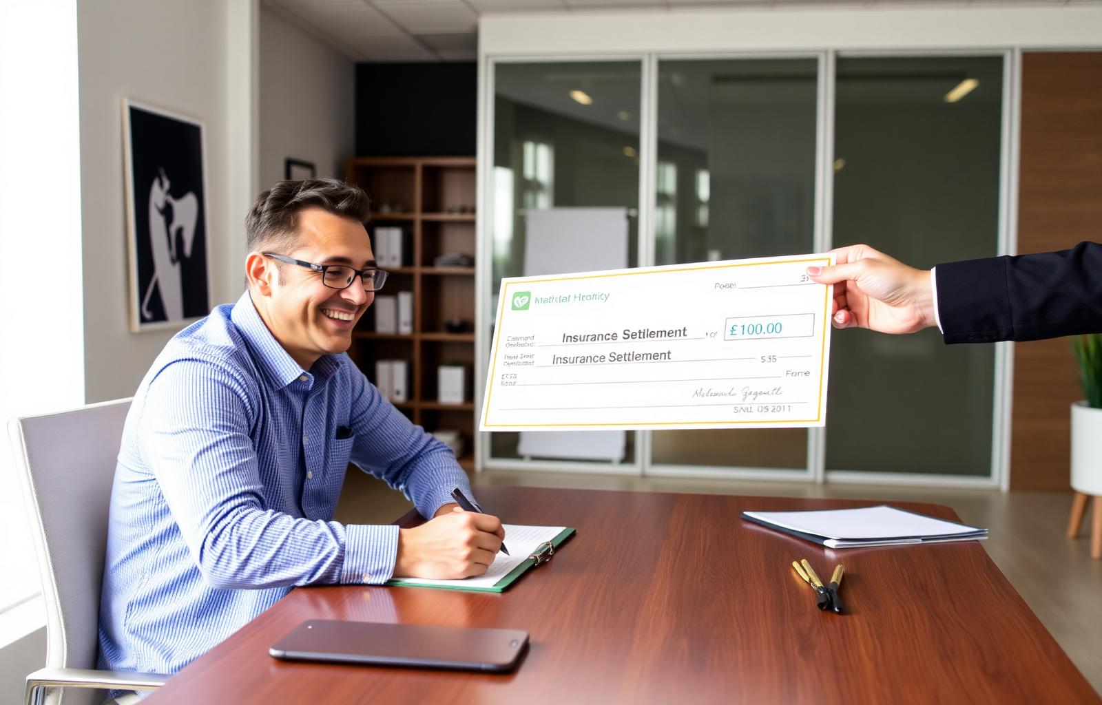 Satisfied man signing settlement paperwork while receiving an insurance settlement check at an office desk